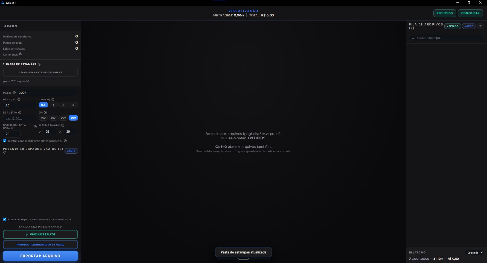 Tela real do APARO: configuração de folha e DPI com botão Exportar arquivo